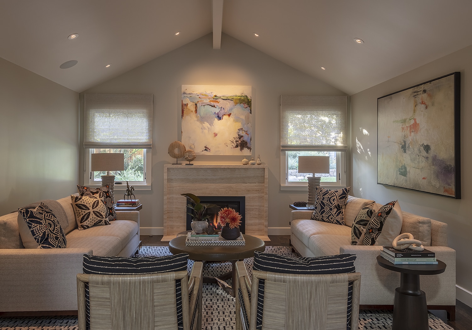 Living room interior with vaulted ceiling, freshly painted